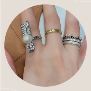 Faux Pearl Sterling Ring with Rhinestones